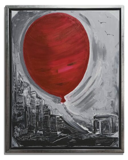 Artwork J.D. - Joy for Dina - An eerie red balloon resembling a mummy's head, floating above a city, the string of the balloon leads to a half-open door painted in the lower right corner of the picture, clear night, eerie atmosphere - Kim Okura, Vienna, November 2023, Gift for Dina J.