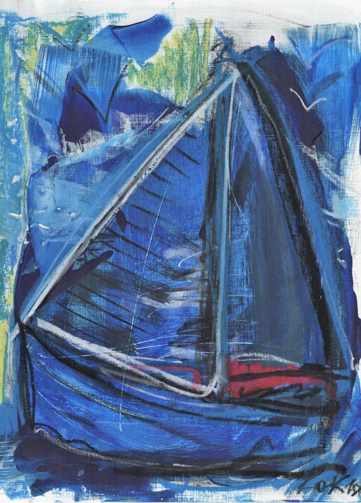 4 birds and boats cycle kim okura KOK painting blue