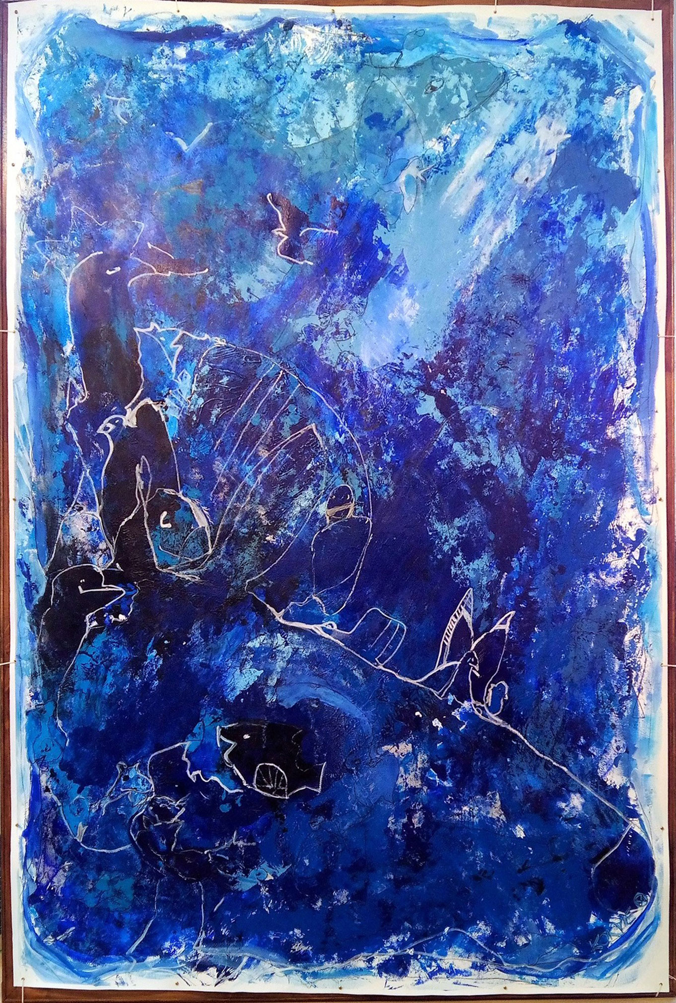 Kim Okura BIG BLUE 2.30 x 1.55 meter, object painting, cycle Trophaeen