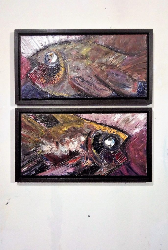 Oil Malerei zwei Stück Fisch bunt und pastos Kim Okura