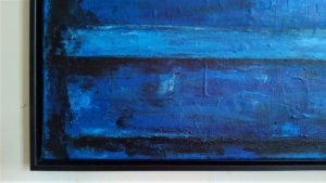 Heaven Bridge atelier view Kim Okura 2018 blue painting, left corner, framed with Guggenheim