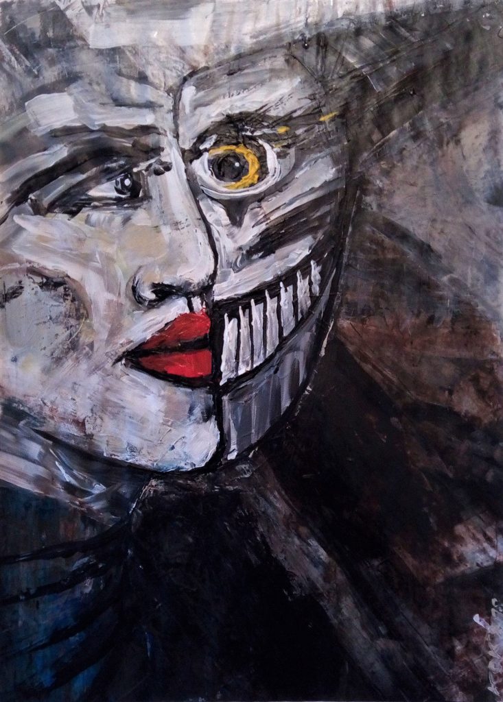 Artwork Jack-In-The-Box doppel Gesicht mit Horn und gelben Auge Zyklus FAUSTUS FACES Artist Kim Okura