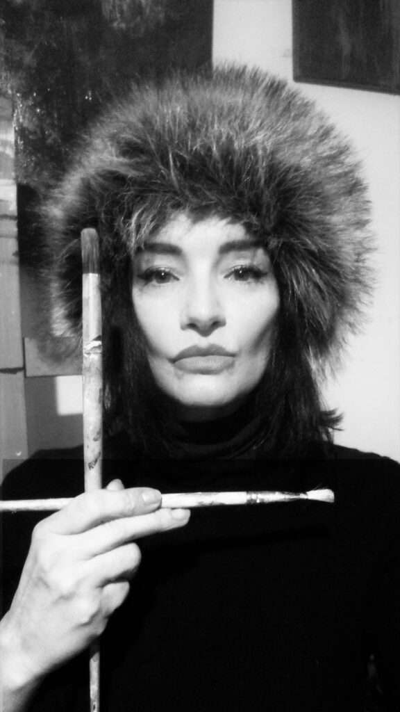 Kim Okura with faux fur hat and brushes at her studio Wiedner Werkstaette 2018 Vienna, Austria