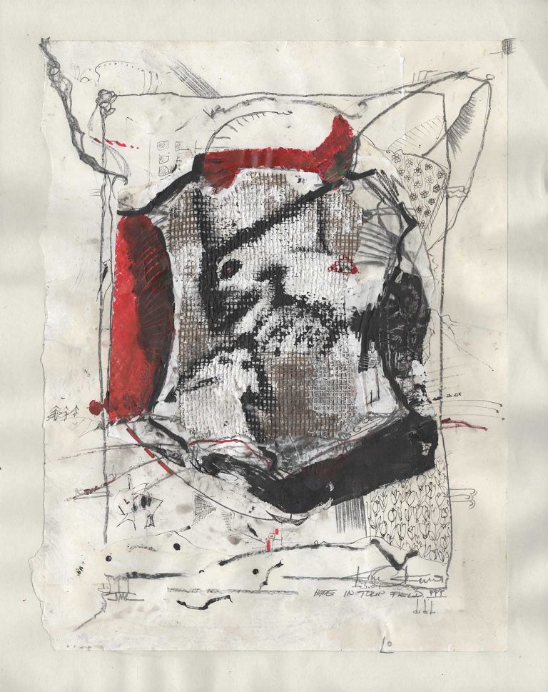 Hare In Tulip Field - Kim Okura Artwork, Drawinmg red, black, oil base pen, marker aso on japanese paper