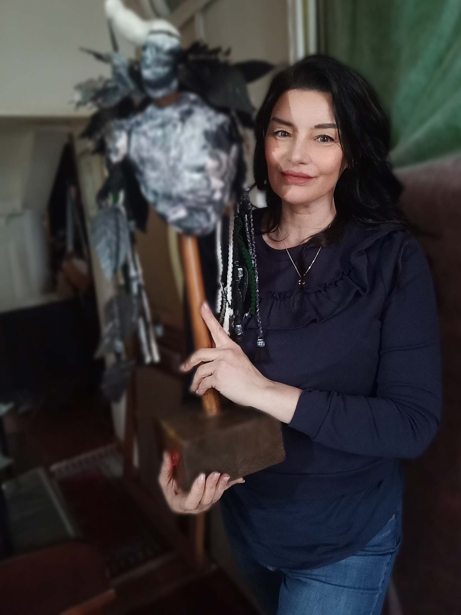 Kim Okura with sculpture Floras Faunus - January 2022, Studio Wiedner Werkstätte, Vienna