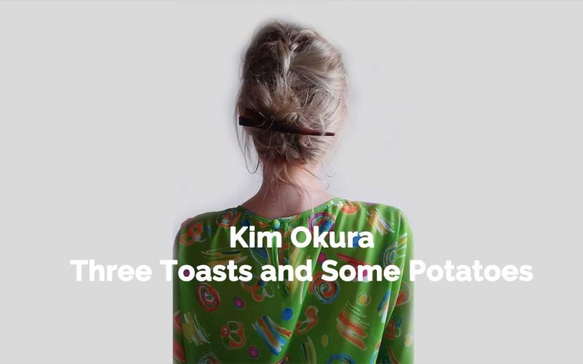 Kim Okura in a grassgreen givenchy blouse from verso, flyer for Toasts and Some Potatoes