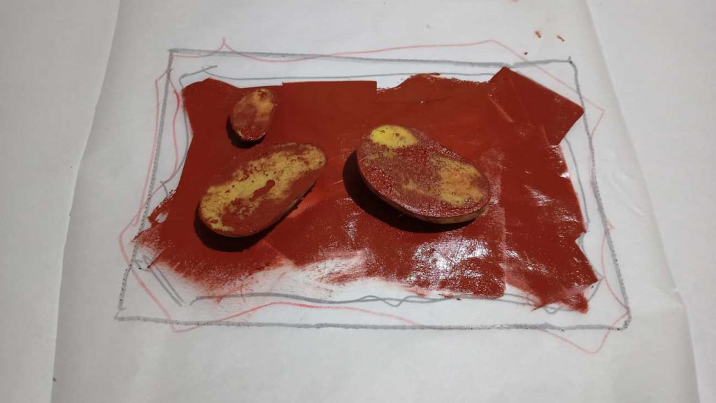 Raw model - Okuraee, potatoes and rouge anglais on grease proof paper Kim Okura